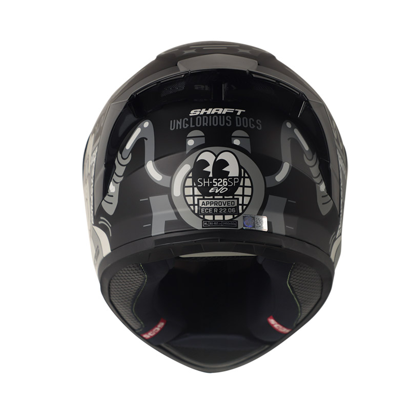 CASCO INTEGRAL SHAFT SH526SP EVO UNGLORIOUS DOGS NEGRO GRIS MATE VISOR PLATA