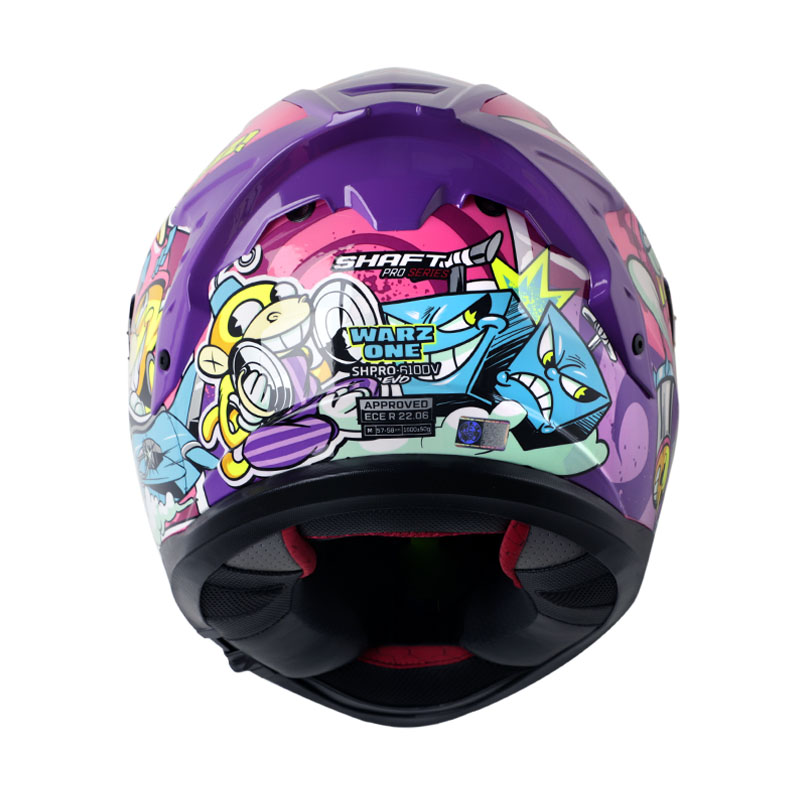 CASCO INTEGRAL SHAFT SHPRO610 EVO DOBLE VISOR WARZONE FUCSIA AZUL BRILLO VISOR MORADO