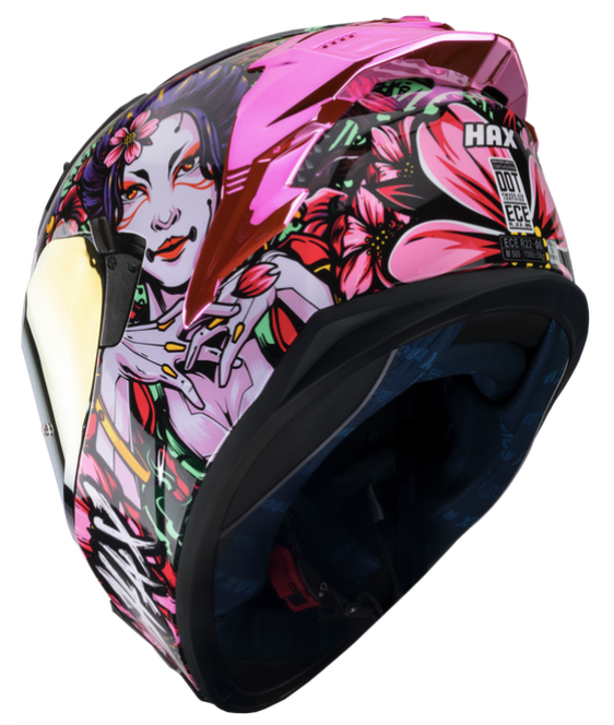 CASCO INTEGRAL HAX OBSIDIAN DOBLE VISOR GEISHA NEGRO ROSADO BRILLO