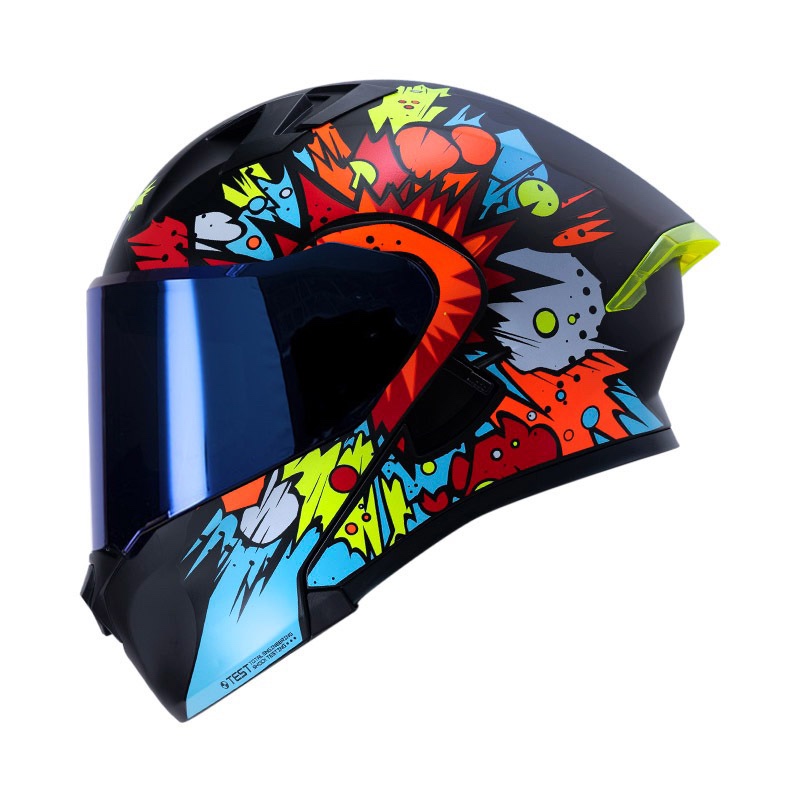 CASCO ABATIBLE ICH 3120 DOBLE VISOR COMIC BOOM NEGRO NARANJA MATE VISOR AZUL