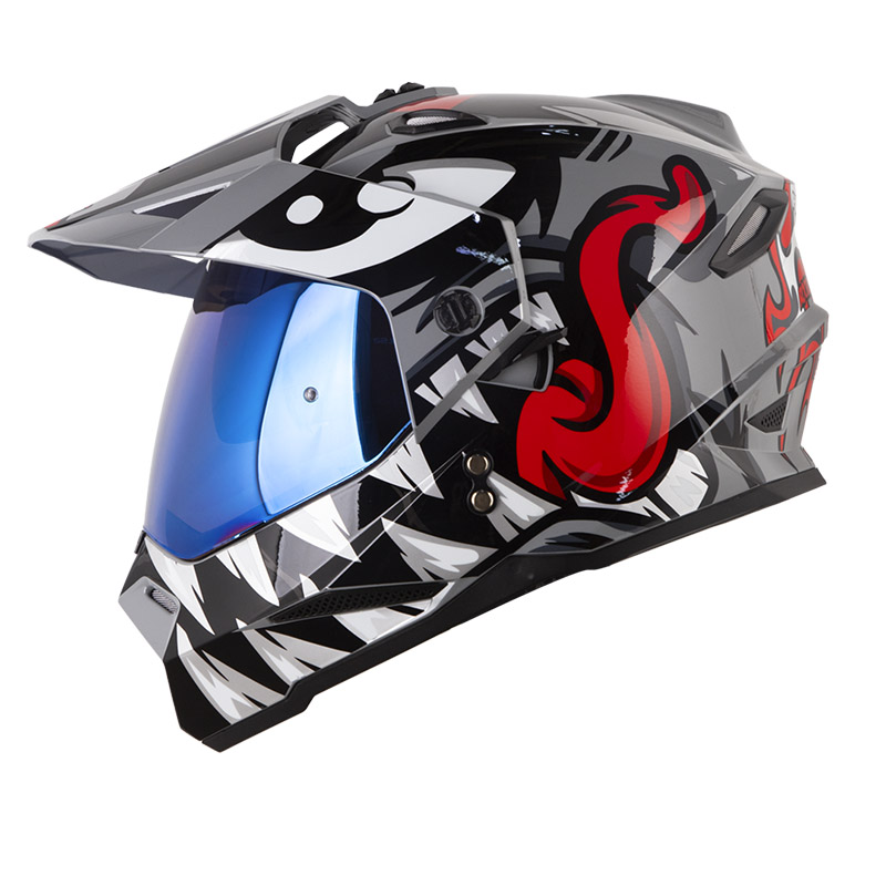 CASCO MULTIPROPOSITO HRO MX330 DOBLE VISOR ROCKETMONSTER GRIS ROJO BRILLO