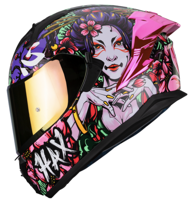 CASCO INTEGRAL HAX OBSIDIAN DOBLE VISOR GEISHA NEGRO ROSADO BRILLO