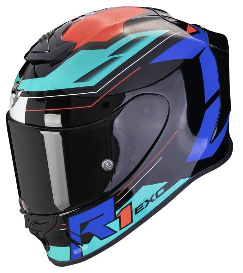 CASCO INTEGRAL SCORPION EXO-R1 EVO BLAZE NEGRO AZUL ROJO BRILLO+VISOR ADICIONAL+PINLOCK (S)