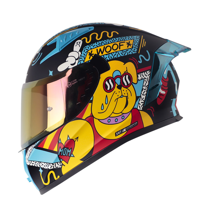 CASCO INTEGRAL SHAFT 526SP EVO UNGLORIOUS DOGS NEGRO AZUL MATE VISOR IRIDIUM DORADO