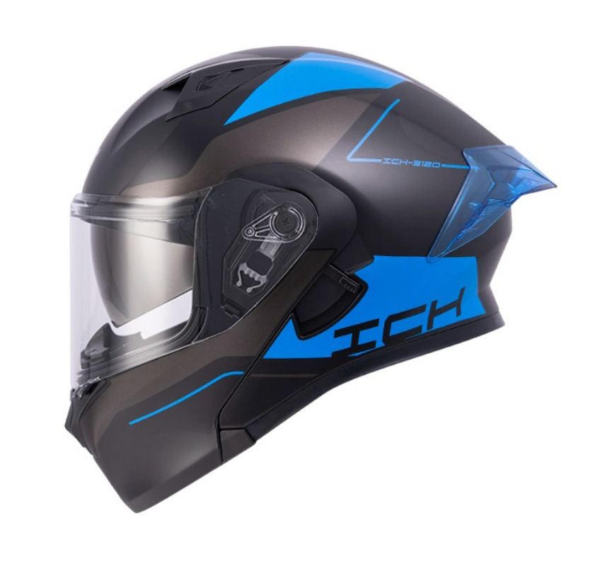 CASCO ABATIBLE ICH 3120 DOBLE VISOR MIXTER NEGRO AZUL BRILLO VISOR TRANSPARENTE 