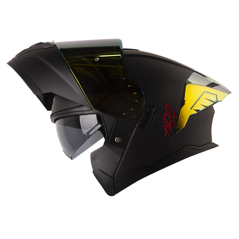CASCO ABATIBLE HRO HRO3480 EVO DOBLE VISOR SOLID NEGRO ROJO MATE SPOILER DORADO