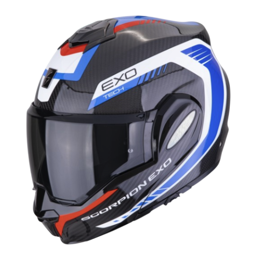 CASCO MODULAR SCORPION EXO-TECH EVO CARBON COSSY NEGRO AZUL ROJO BRILLO