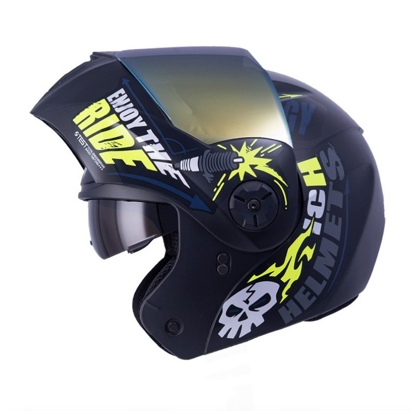 CASCO ABATIBLE ICH 3110DOT DOBLE VISOR SPEED MASTER NEGRO AMARILLO MATE VISOR DORADO