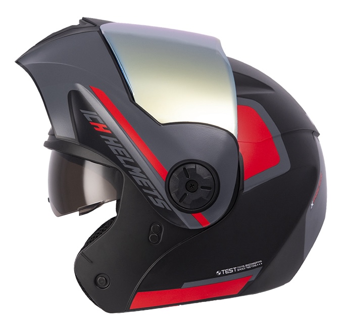 CASCO ABATIBLE ICH 3110 DOBLE VISOR XPACER NEGRO ROJO MATE VISOR DORADO