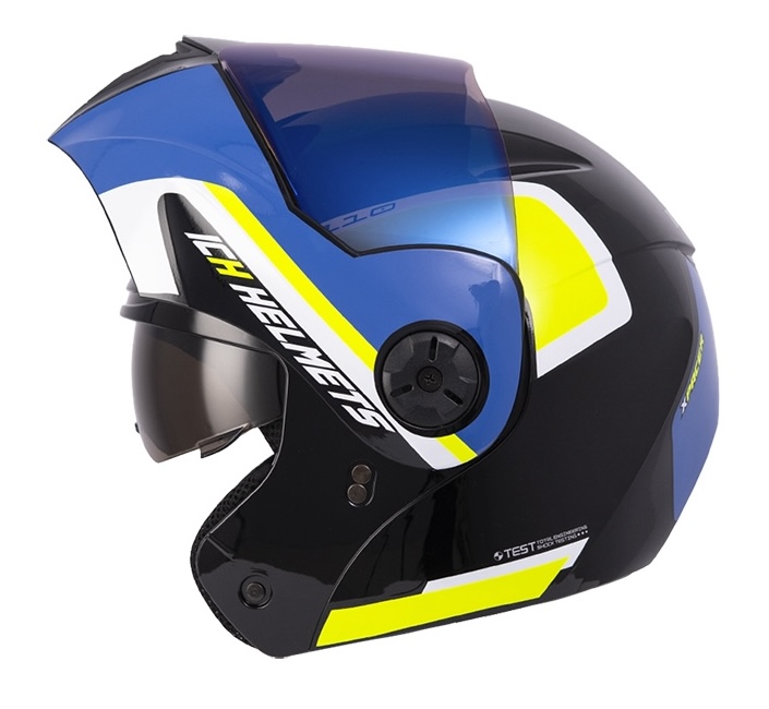 CASCO ABATIBLE ICH 3110 DOBLE VISOR XPACER NEGRO AMARILLO BRILLO VISOR AZUL