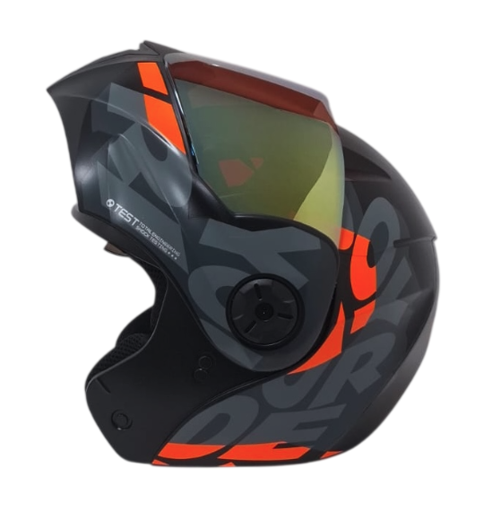 CASCO ABATIBLE ICH 3110 DOBLE VISOR FREAK NEGRO GRIS OSCURO NARANJA MATE VISOR DORADO