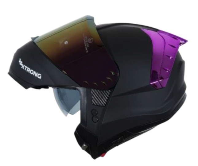 [16943] CASCO ABATIBLE XTRONG 918 NEGRO MATE SPOILER MORADO CROMADO VISOR MORADO (S)