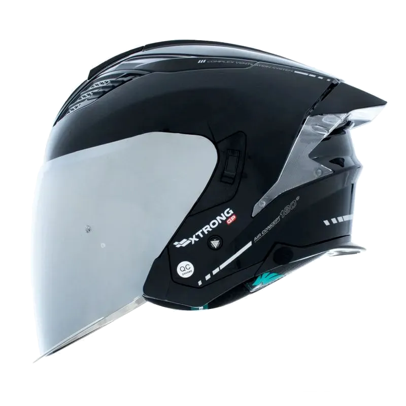 CASCO ABIERTO XTRONG GP NEGRO BRILLO SPOILER TRANSPARENTE VISOR PLATEADO