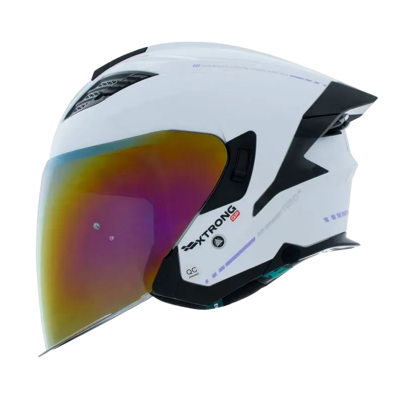 CASCO ABIERTO XTRONG GP BLANCO MORADO BRILLO SPOILER NEGRO VISOR MORADO