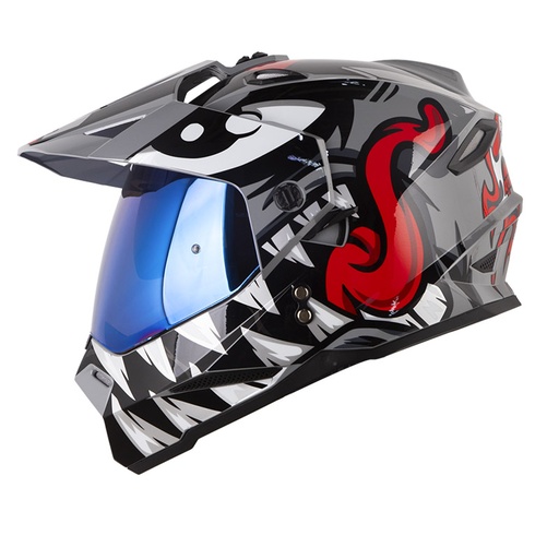 CASCO MULTIPROPOSITO HRO MX330 DOBLE VISOR ROCKETMONSTER GRIS ROJO BRILLO
