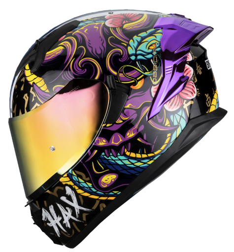 CASCO INTEGRAL HAX OBSIDIAN DOBLE VISOR SNAKE DEMON NEGRO MORADO BRILLO