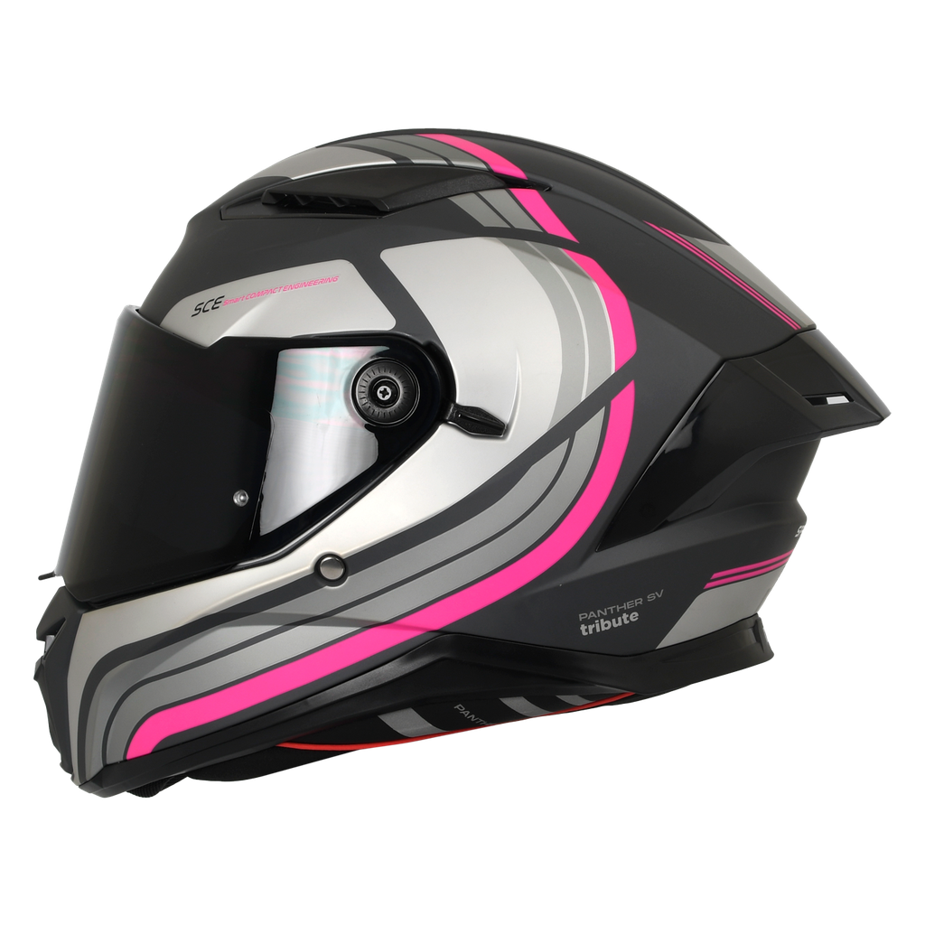 CASCO INTEGRAL SPARTAN DOBLE VISOR PANTHER TRIBUTE D18 NEGRO GRIS FUCSIA MATE