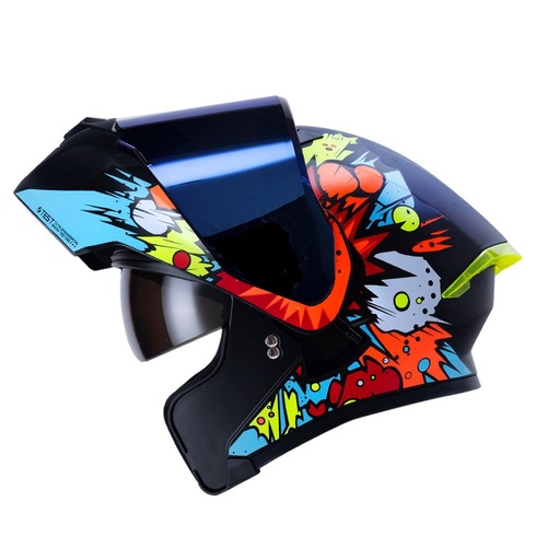 CASCO ABATIBLE ICH 3120 DOBLE VISOR COMIC BOOM NEGRO NARANJA MATE VISOR AZUL