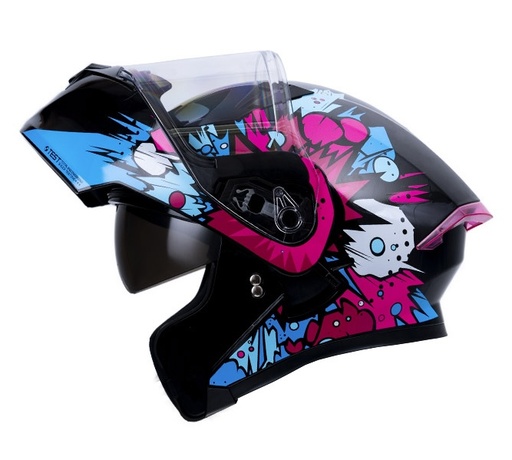 CASCO ABATIBLE ICH 3120 DOBLE VISOR COMIC BOOM NEGRO FUCSIA BRILLO VISOR TRANSPARENTE