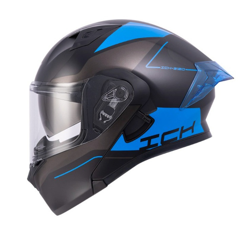 CASCO ABATIBLE ICH 3120 DOBLE VISOR MIXTER NEGRO AZUL BRILLO VISOR TRANSPARENTE 