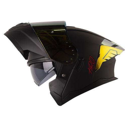 CASCO ABATIBLE HRO HRO3480 EVO DOBLE VISOR SOLID NEGRO ROJO MATE SPOILER DORADO