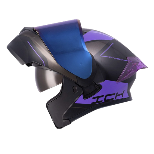 CASCO ABATIBLE ICH 3120 DOBLE VISOR MIXTER NEGRO MORADO MATE VISOR AZUL