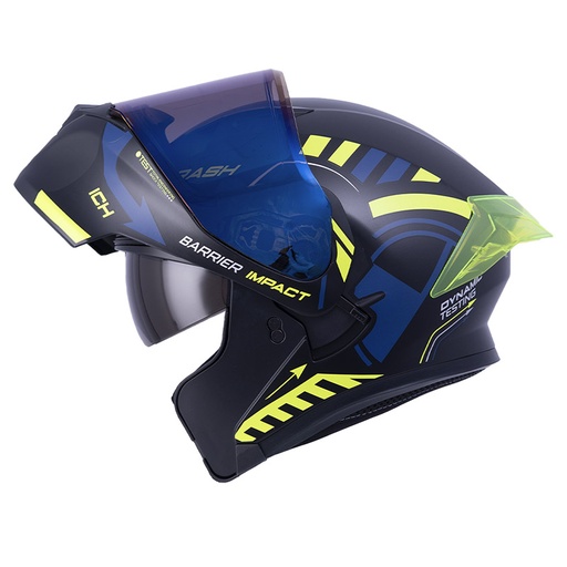 CASCO ABATIBLE ICH 3120 DOBLE VISOR COLOR TEST NEGRO AMARILLO MATE VISOR AZUL