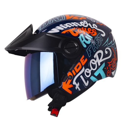 CASCO ABIERTO SHAFT SH212 RACER AZUL OSCURO NARANJADO BRILLO VISOR AZUL
