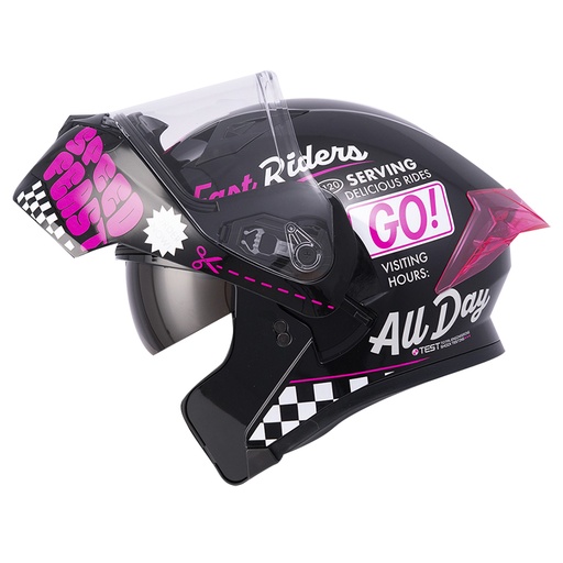 CASCO ABATIBLE ICH 3120 DOBLE VISOR FIFTIES NEGRO FUCSIA BRILLO VISOR TRANSPARENTE