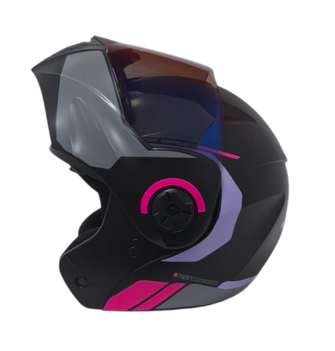 CASCO ABATIBLE ICH 3110 DOBLE VISOR KHAM NEGRO GRIS OSCURO FUCSIA MATE VISOR AZUL